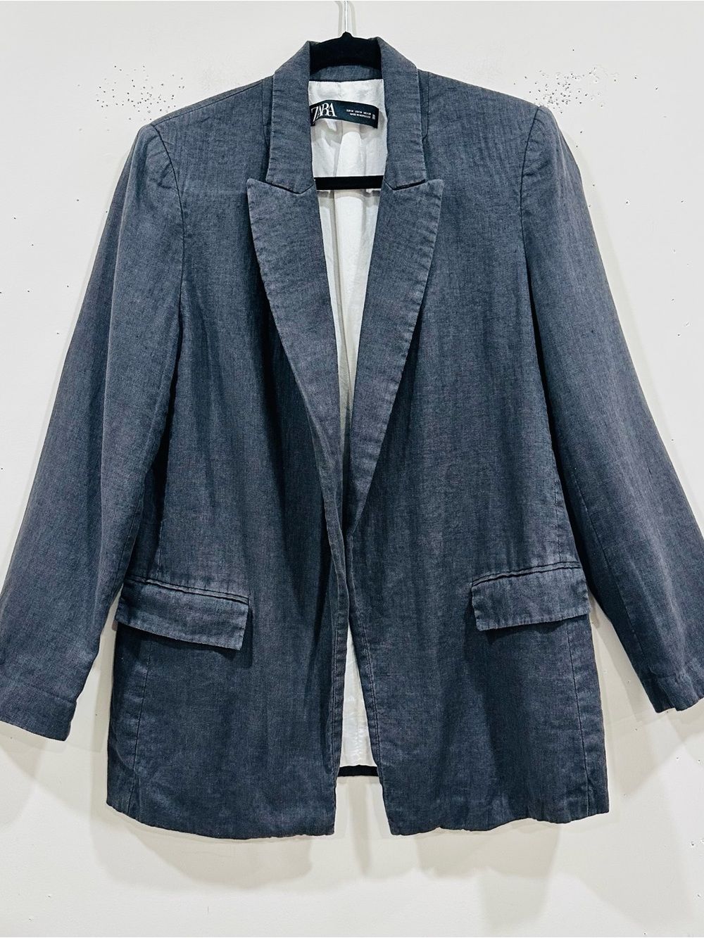 Zara - women’s 100% linen blazer printed sleeves grey open front jacket size M - Picture 4 of 10